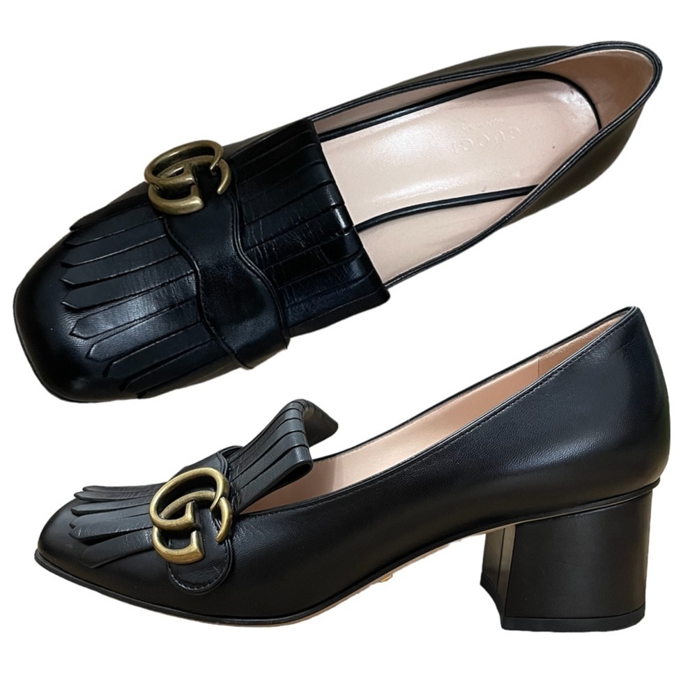 Gucci Black Leather GG Marmont Fringe Mid Heel Loafers Pumps